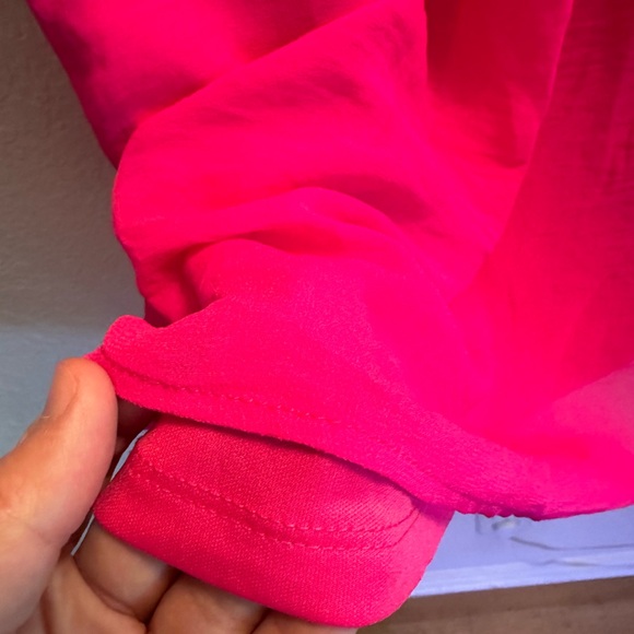 Fuchsia Off the Shoulder Dress with Spaghetti Strap and Sheer Layer - Picture 6 of 8